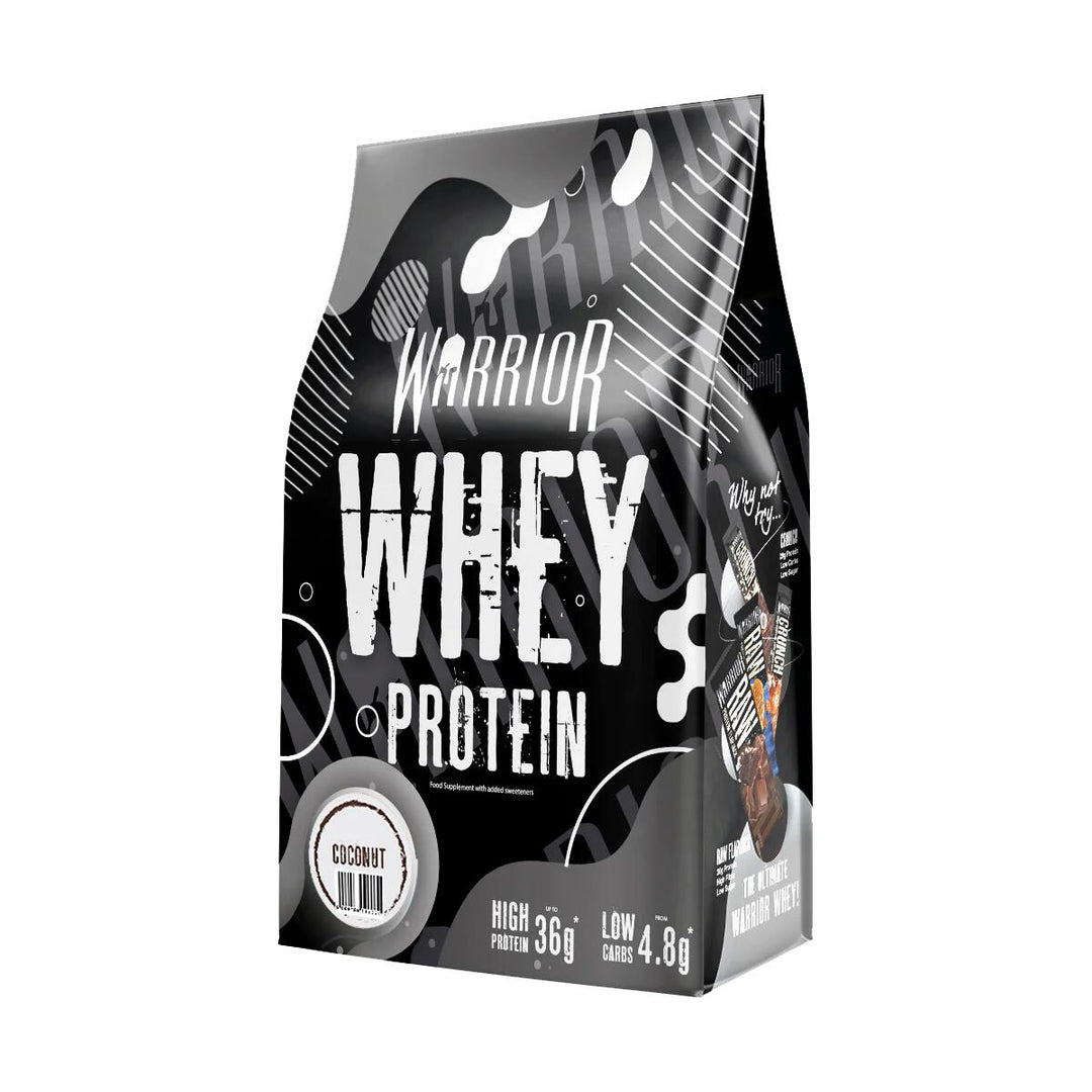 Weiße Dose Warrior Whey Protein 1kg mit schwarzem und rotem Label, Produktname und Geschmacksrichtung nicht sichtbar