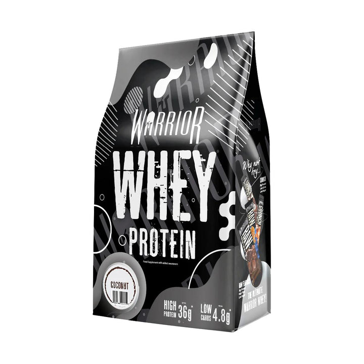 Weiße Dose Warrior Whey Protein 1kg mit schwarzem und rotem Label, Produktname und Geschmacksrichtung nicht sichtbar