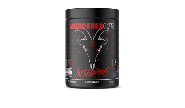 Schwarze Dose Murdered Out Insidious Pre-Workout, 400g, weißer Schriftzug, 50 Portionen, Zitrus-Geschmack