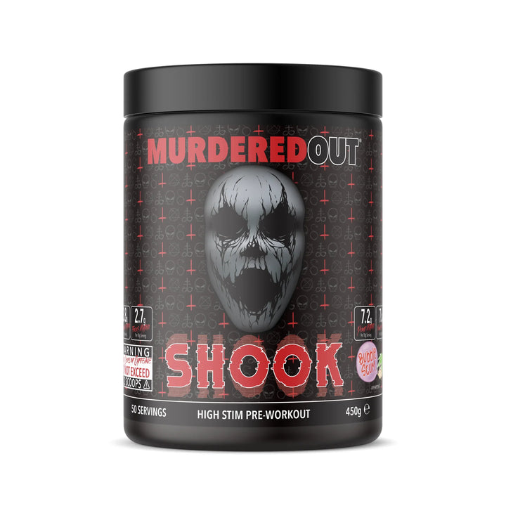 Schwarze Dose Murdered Out SHOOK Pre-Workout, weißer Schriftzug, 300g, minimalistisches Design, roter Akzent