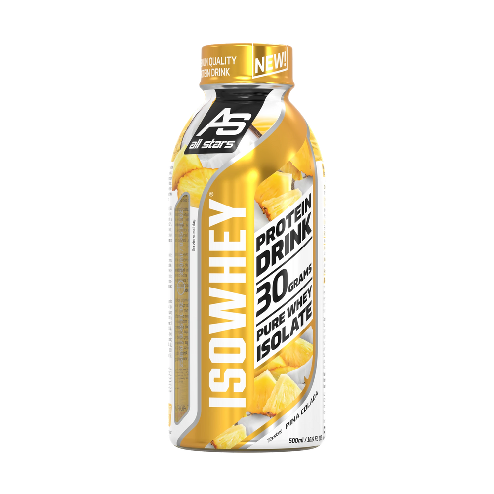 500ml weiße Kunststoffflasche Isowhey Protein Drink, blaues Label mit Produktname und Nährwertangaben sichtbar
