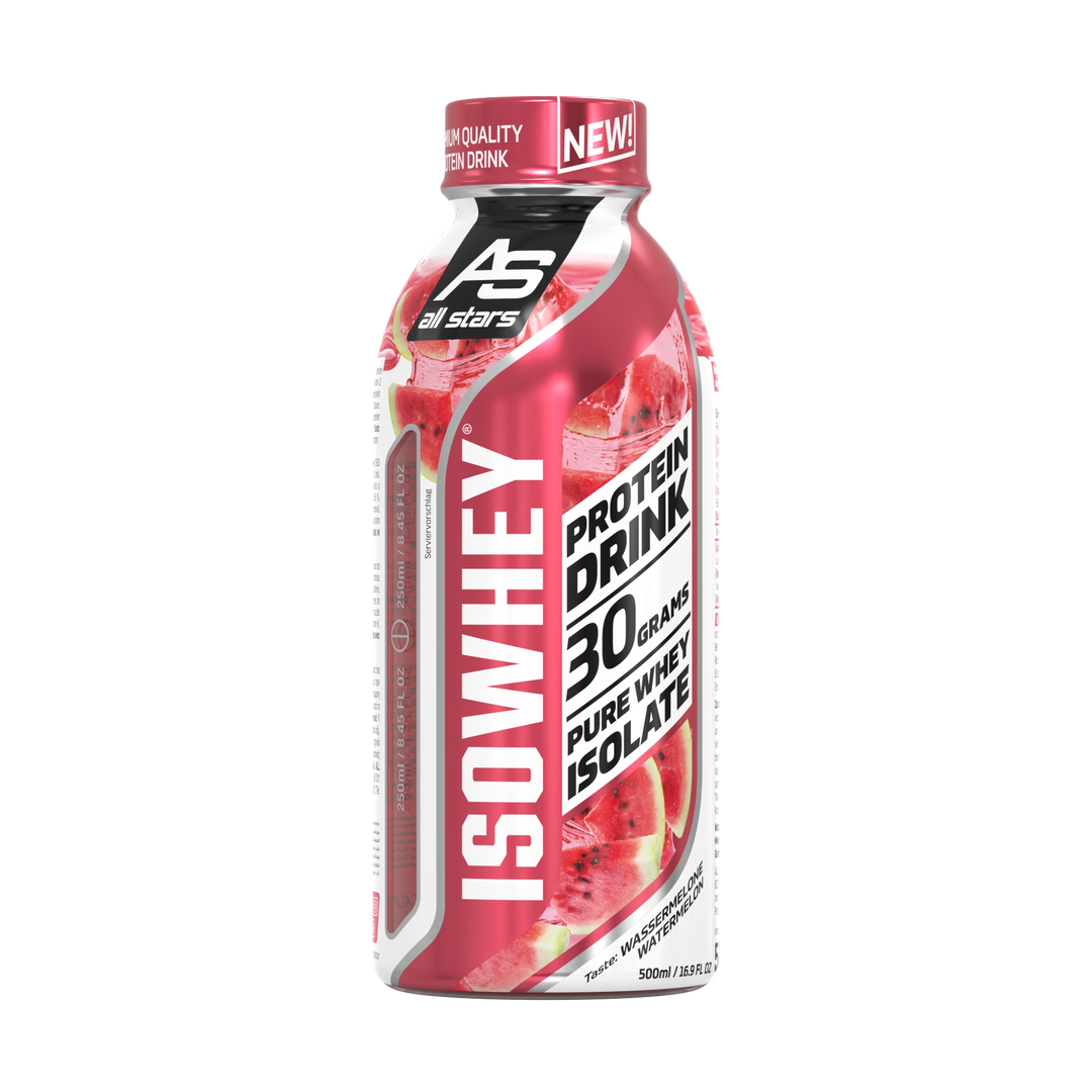 Transparente 500ml Flasche Isowhey Protein Drink, blaues Label, Geschmacksrichtung Watermelon, weißer Deckel