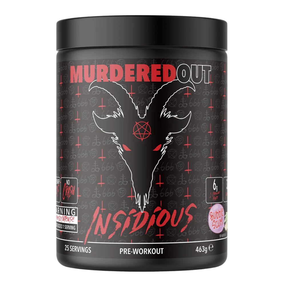 Schwarze Dose Murdered Out Insidious Pre-Workout, 25 Portionen, weißer und roter Text, Geschmack „Bubblescum“ sichtbar