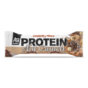 Verpackung All Star Protein Snack Bar Nut Crunch, braun, mit Produktname und Nährwertangaben auf Vorderseite.