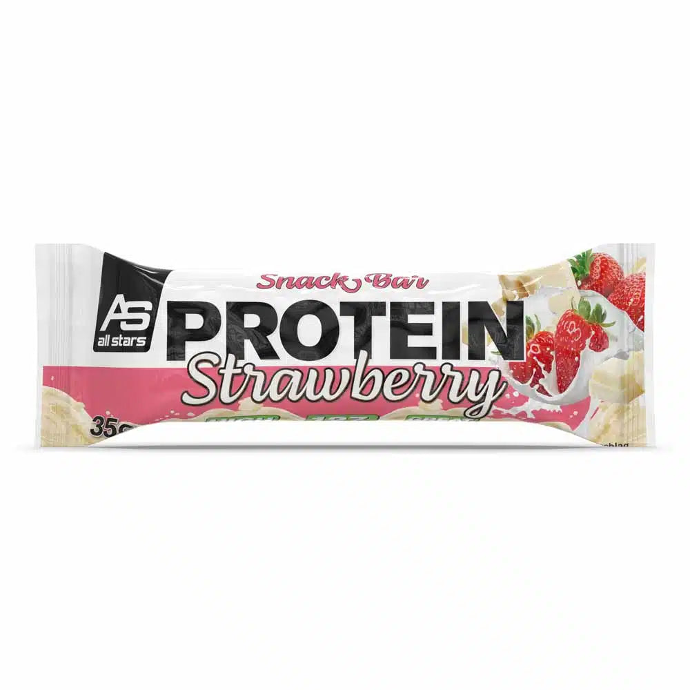 Verpackung der All Star Protein Snack Bar in Erdbeer-Geschmack, rot-weiß, mit Produktname und Nährwertangaben.