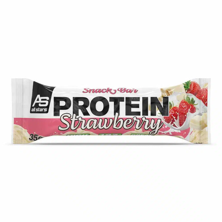 Verpackung der All Star Protein Snack Bar in Erdbeer-Geschmack, rot-weiß, mit Produktname und Nährwertangaben.