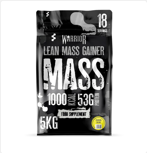 Großer schwarzer 5kg-Beutel Warrior MASS Lean Gainer Protein Powder mit gelbem und weißem Text, BodyPlanet Logo sichtbar