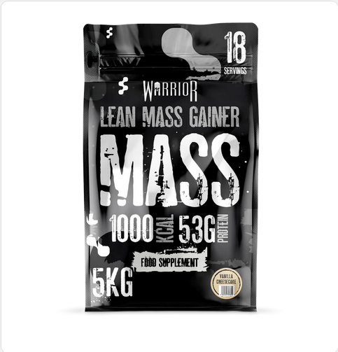 Großer schwarzer 5kg-Beutel Warrior MASS Lean Gainer Protein Powder mit gelbem und weißem Text, BodyPlanet Logo sichtbar