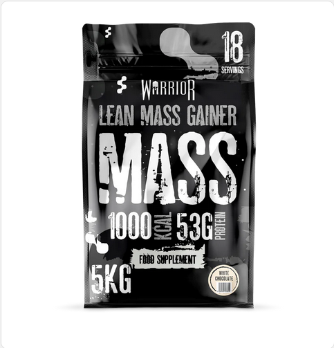 Großer schwarzer 5kg-Beutel Warrior MASS Lean Gainer Protein Powder mit gelbem und weißem Text, BodyPlanet Logo sichtbar