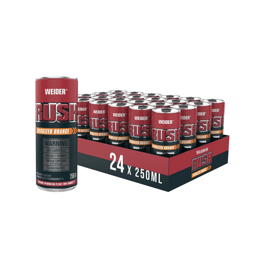 Orangefarbene 250ml Dose Rush Ready to Drink Booster von Weider mit weißem und schwarzem Schriftzug, Geschmacksrichtung