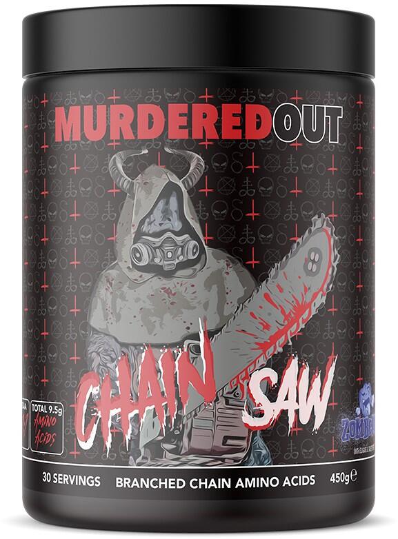 Schwarze Dose Murdered Out Chainsaw Pre-Workout, violettes Label mit Zombberry-Geschmack, 300g sichtbar