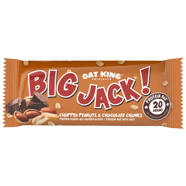 Brauner Big Jack Proteinriegel mit Erdnussstücken, weiße Schrift, 80g, in Folienverpackung, Snack für Sportler