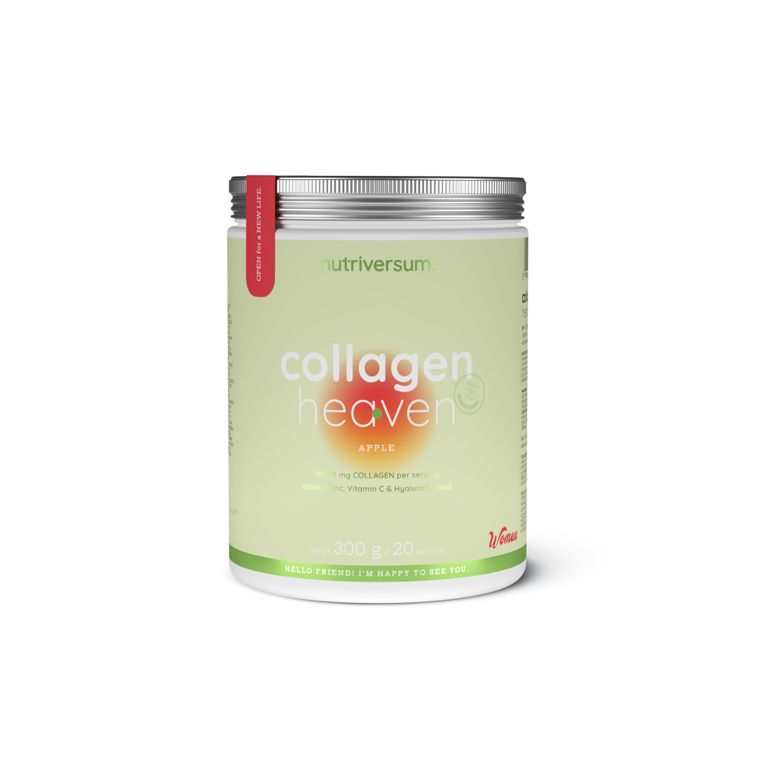 Weiße Dose Collagen Heaven 300g mit grünem Apfel-Motiv, Produktname und Geschmacksrichtung Apfel sichtbar