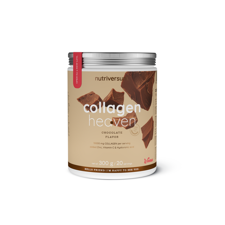 Braune Dose Collagen Heaven 300g, Schokoladengeschmack, weißer Schriftzug, grünes Siegel, modernes Design