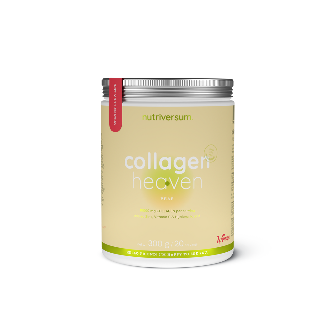 Weiße Dose Collagen Heaven 300g mit grünem und lila Label, Geschmack Birne, Produktname und Inhaltsangaben sichtbar