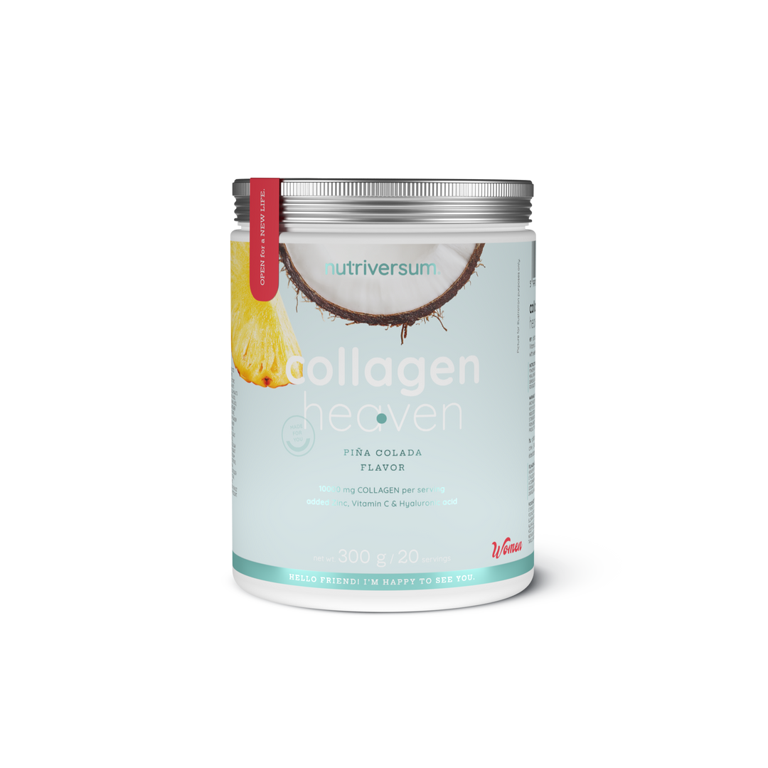 Weiße Dose Collagen Heaven 300g, Pina Colada Geschmack, buntes tropisches Design mit Früchten und Produktname sichtbar