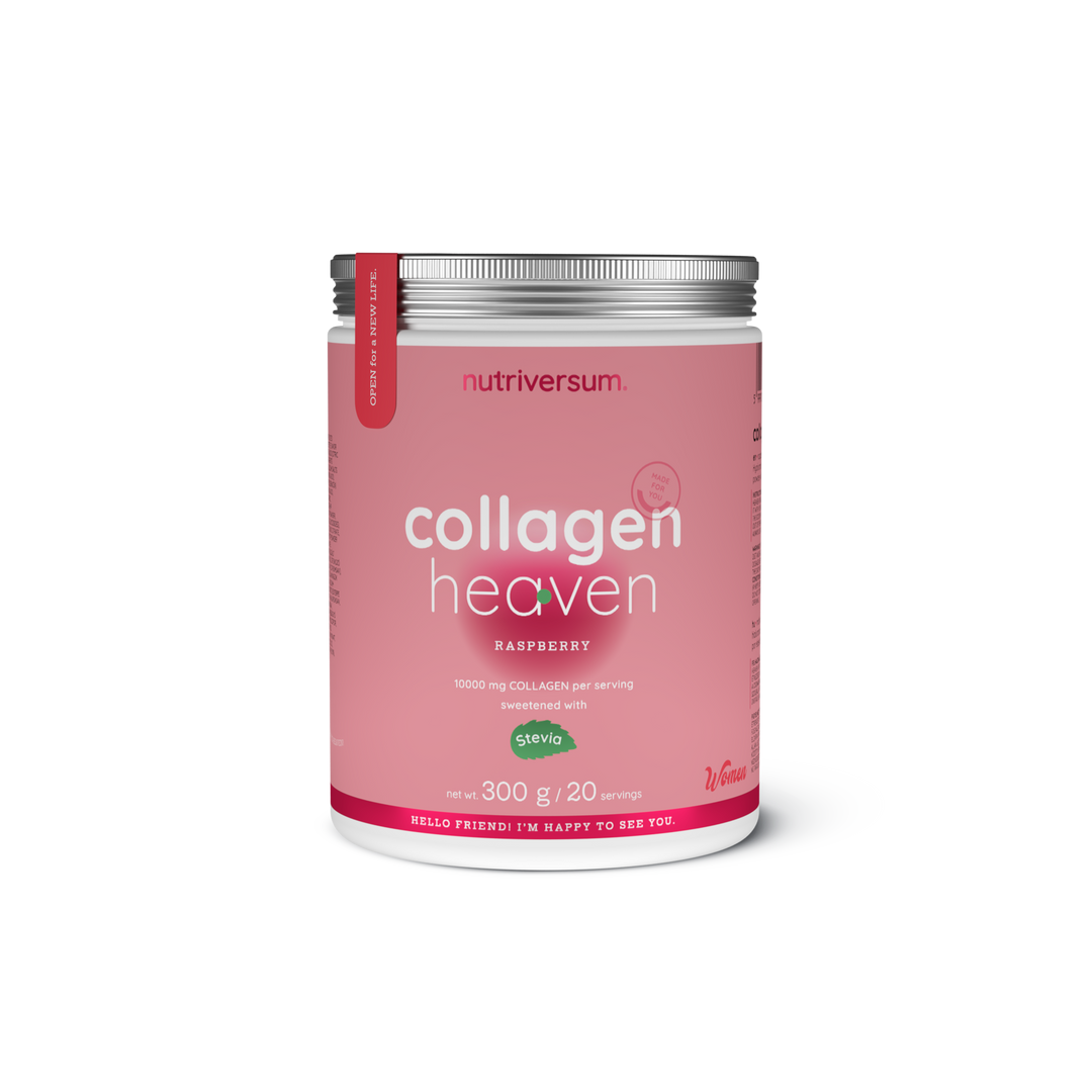 Weiße Dose Collagen Heaven 300g mit rotem Himbeer-Design und grünem Stevia-Label, Produktname sichtbar