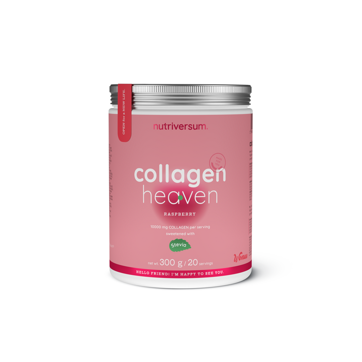 Weiße Dose Collagen Heaven 300g mit rotem Himbeer-Design und grünem Stevia-Label, Produktname sichtbar