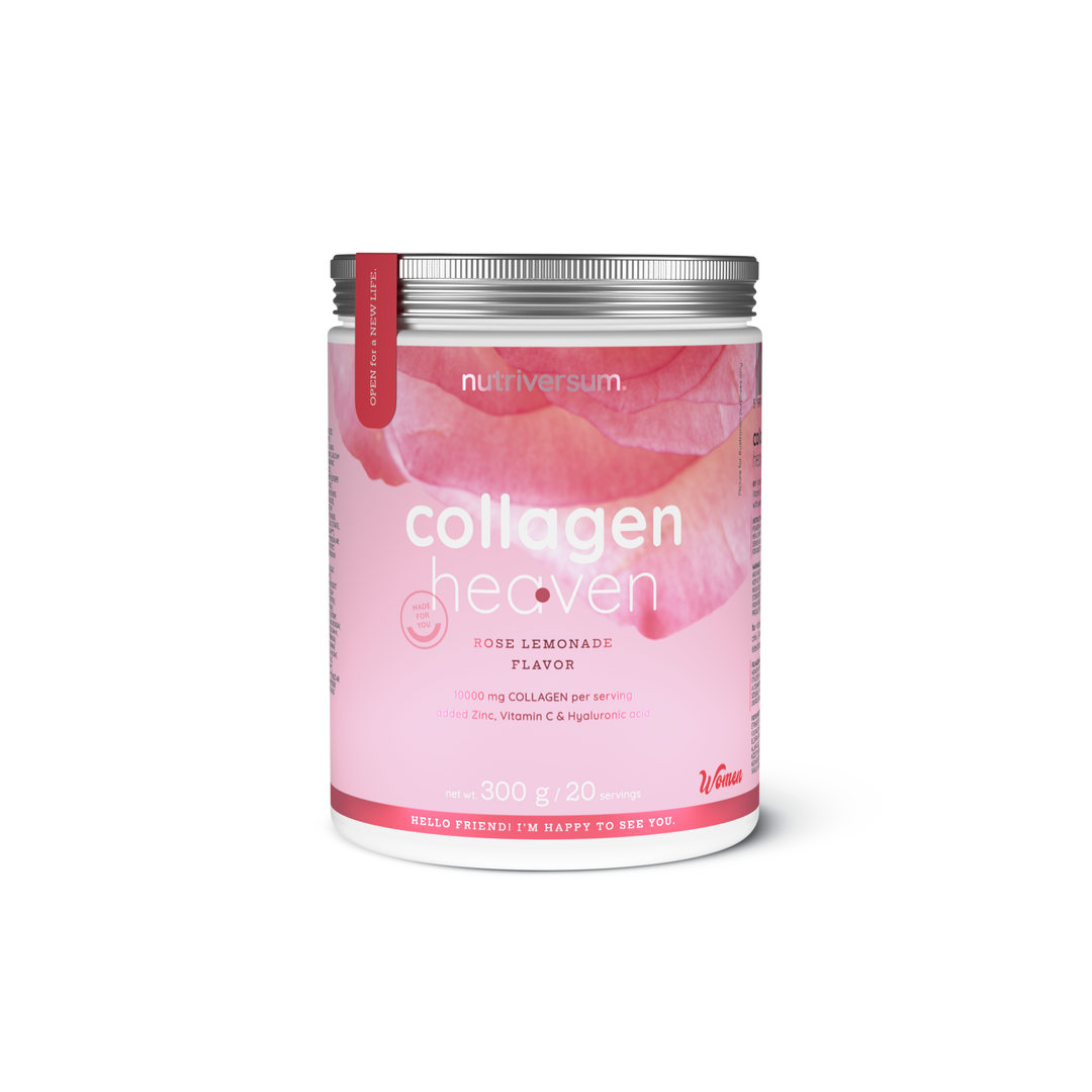 Rosa 300g Dose Collagen Heaven Pulver, Geschmack Rose Lemonade, weißer Schriftzug und Blütenmotiv sichtbar