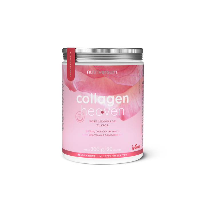 Rosa 300g Dose Collagen Heaven Pulver, Geschmack Rose Lemonade, weißer Schriftzug und Blütenmotiv sichtbar