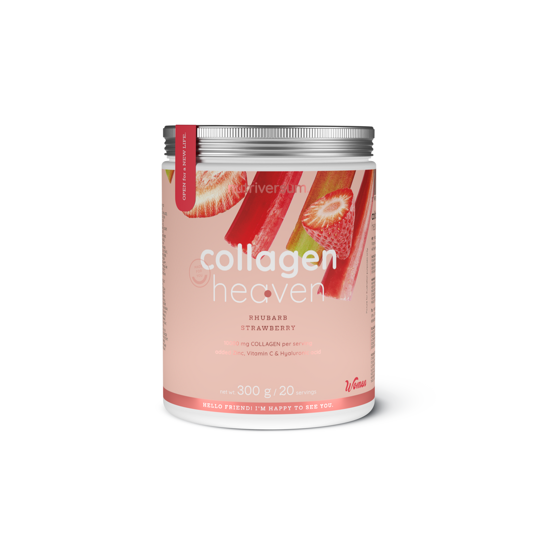 Weiße Dose Collagen Heaven 300g mit rotem Erdbeer-Rhabarber-Label und Produktname sichtbar