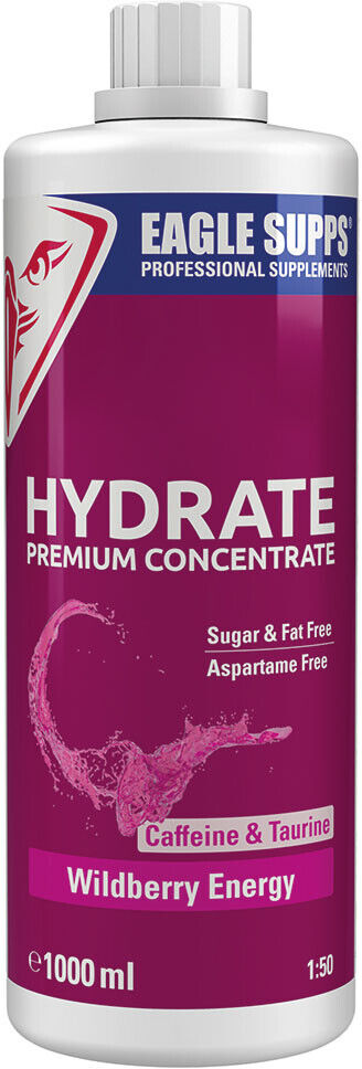 Weiße Flasche mit blauem Etikett, Produktname „Hydrate Premium Concentrate Eagle Supps“, 1 Liter, ohne Zucker.