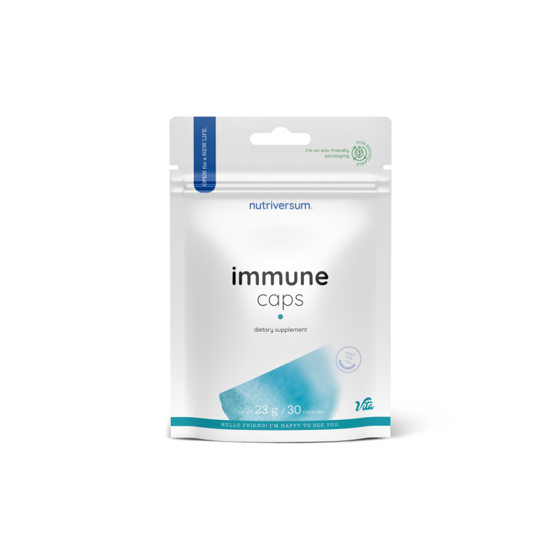 Weiße Kunststoffdose Immune Caps mit grünem und orangefarbenem Etikett, 30 Kapseln, Produktname und Inhaltsstoffe sichtb