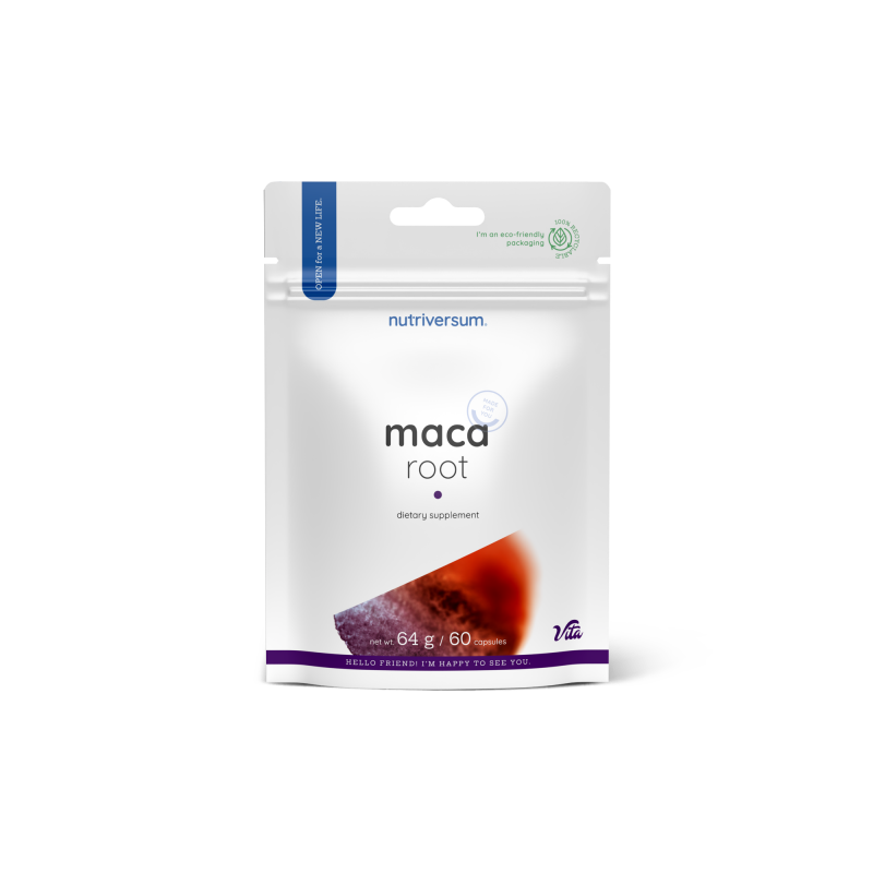 Weiße Dose Maca Root Kapseln mit gelbem und rotem Label, 60 Kapseln, Produktname und Nährwertangaben sichtbar