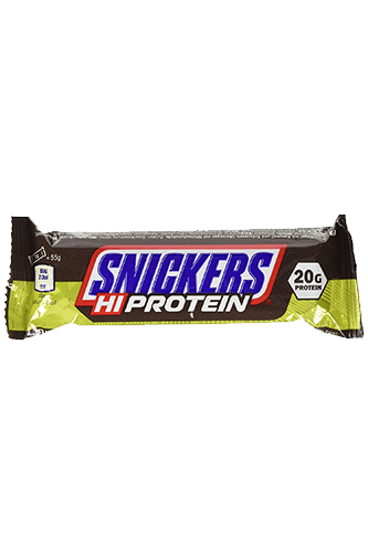 Snickers HiProtein Riegel, braune Verpackung mit weißem und rotem Schriftzug, 62 g, Proteinriegel, Mars Logo.