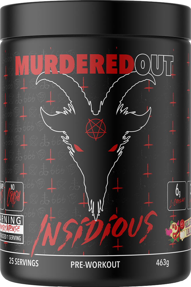Schwarze Dose Murdered Out Insidious Pre-Workout, 463g, weißer und roter Text, Killer-Lollipop Grafik sichtbar