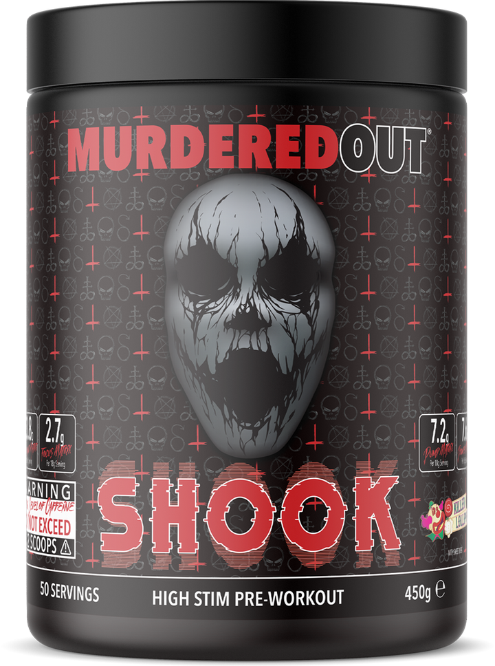 Schwarze Dose Murdered Out SHOOK Pre-Workout, 450g, weißer Text, roter Lutscher-Logo, Geschmacksrichtung nicht sichtbar