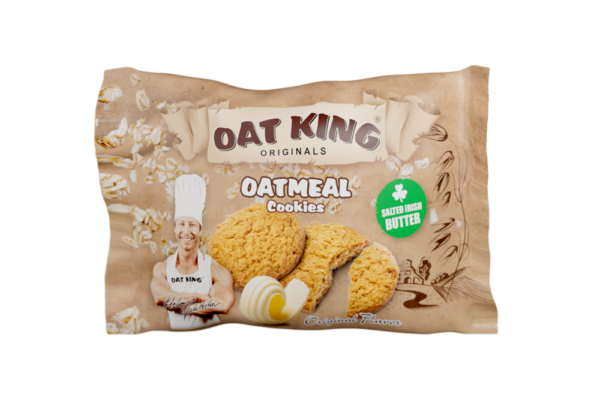 Brauner Pappkarton mit 16 Doppelpacks Oatmeal Cookie, grünes Label, irisches Design, 2 Kekse je 20g sichtbar