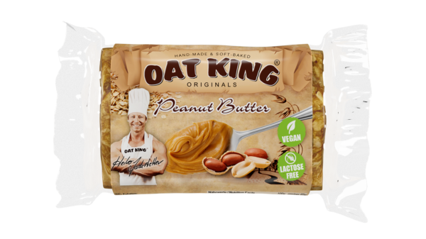 Oat King Riegel in brauner Verpackung mit Produktname und Erdnussbutter-Geschmack, vegetarisch, handgemacht.
