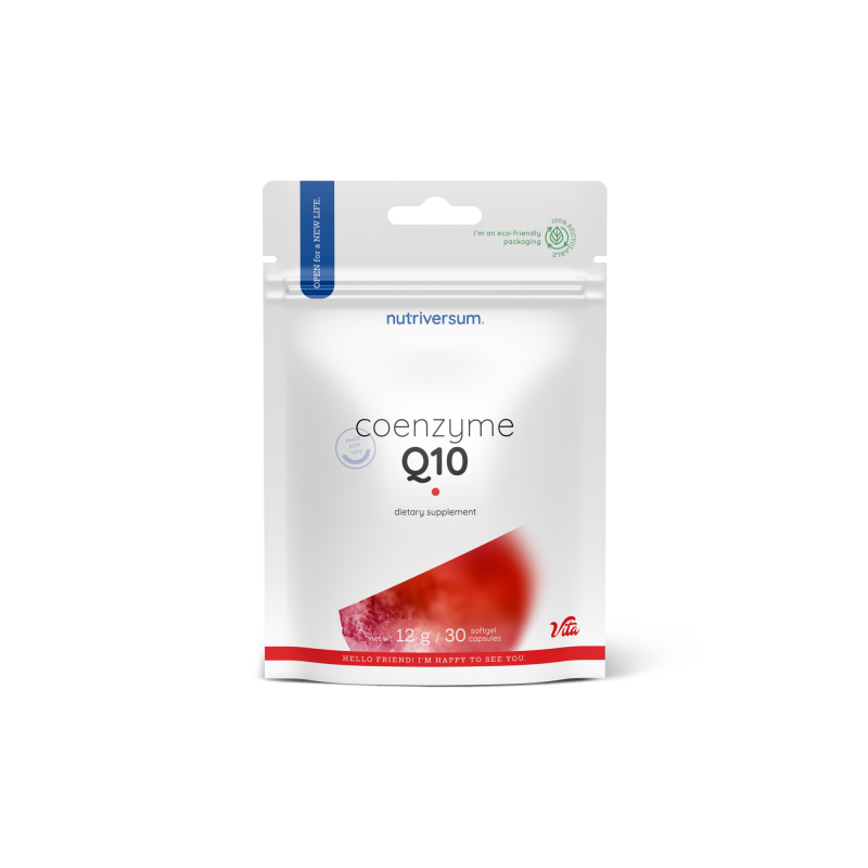 Weiße Kunststoffdose Coenzyme Q10 mit orange-blauem Etikett, 30 Kapseln, 50 mg, Produktname und Details sichtbar