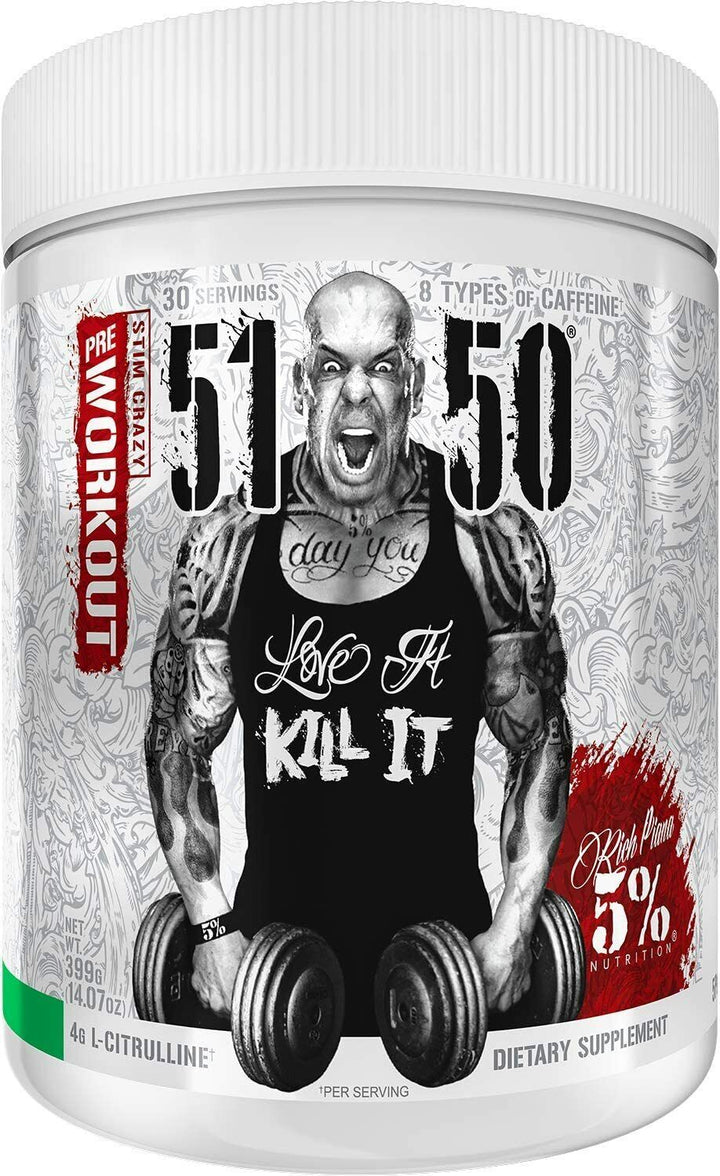 Weißer Pulverbeutel mit rotem Label, Produktname „5% Nutrition 5150“, Rich Piana, 372 g, USA, Stim-Booster.