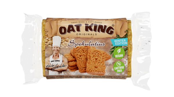 Oat King Riegel Verpackung in Braun mit Produktname und Spekulatius-Geschmack, vegetarisches Label sichtbar.