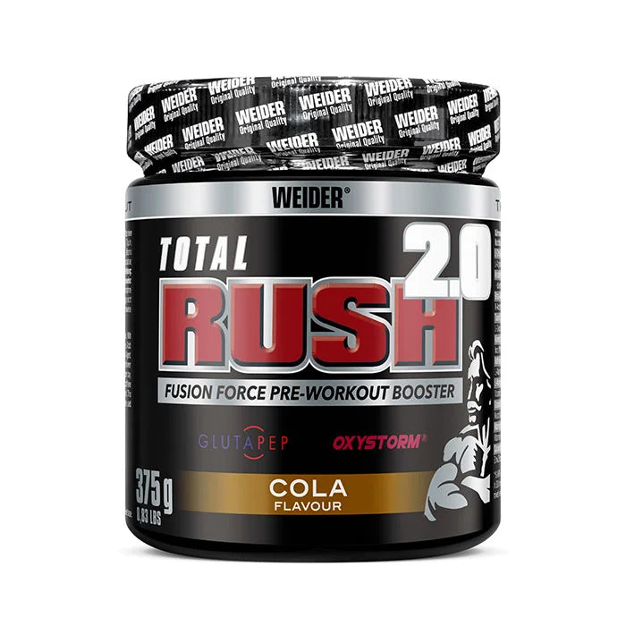 Rote Dose Weider Total Rush 2.0 Pre-Workout, 375g, Cola-Geschmack, weißer und schwarzer Text, Weider Logo sichtbar