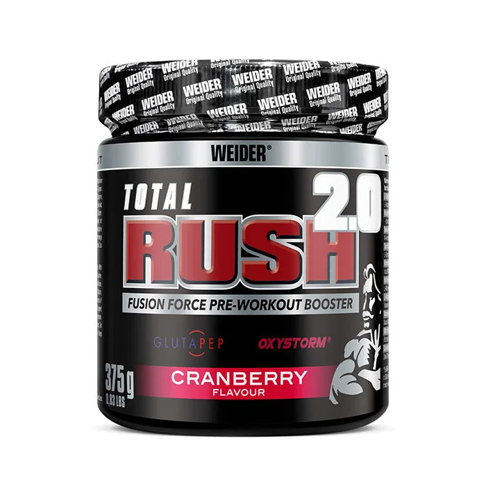 Rote Dose Weider Total Rush 2.0 Pre-Workout, 375g, mit weißem und schwarzem Schriftzug, Geschmack Cranberry sichtbar