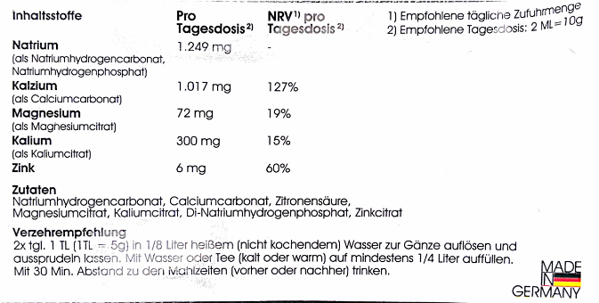 Verpackung der BodyPlanet Basen-Mineral-Mischung mit Produktname, Nährwerttabelle und weiß-blauem Design.