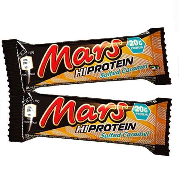 Mars HiProtein Schokoriegel in brauner Verpackung mit rotem Schriftzug und Nährwertangaben, 59 g, Salted Caramel.