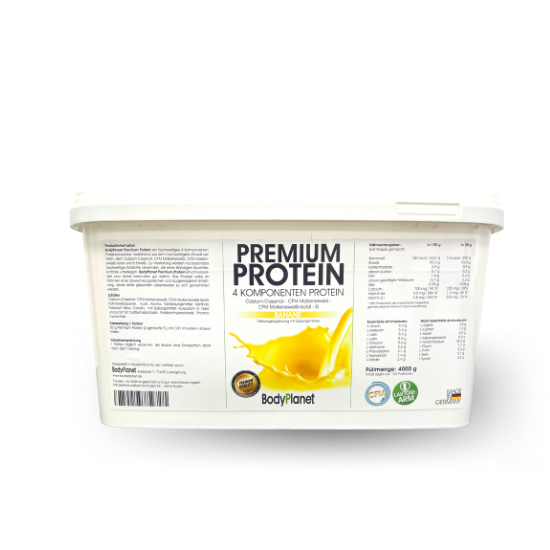 BodyPlanet Premium Protein 4 kg, Banane, weiße Verpackung mit gelben Akzenten und Produktname vorne.