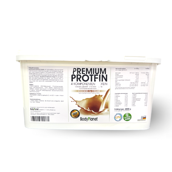 BodyPlanet Premium Protein 4 kg, weiße Verpackung mit braunen Keks-Motiven, Produktname und Label sichtbar.
