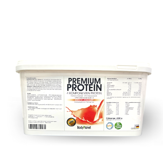 BodyPlanet Premium Protein Kirsch, 4 kg, weiße Verpackung mit rotem Schriftzug und Fruchtabbildung.