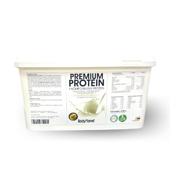 BodyPlanet Premium Protein 4 kg, weiße Verpackung mit blauem Label, Geschmacksrichtung Kokos, 4-Komponenten-Mischung.