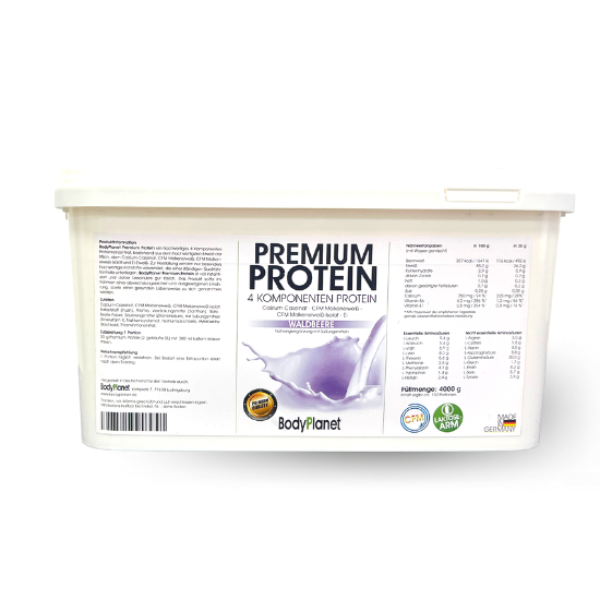 BodyPlanet Premium Protein Pulver, 4 kg, Geschmacksrichtung Waldbeere, lila Verpackung mit Produktname und Label.