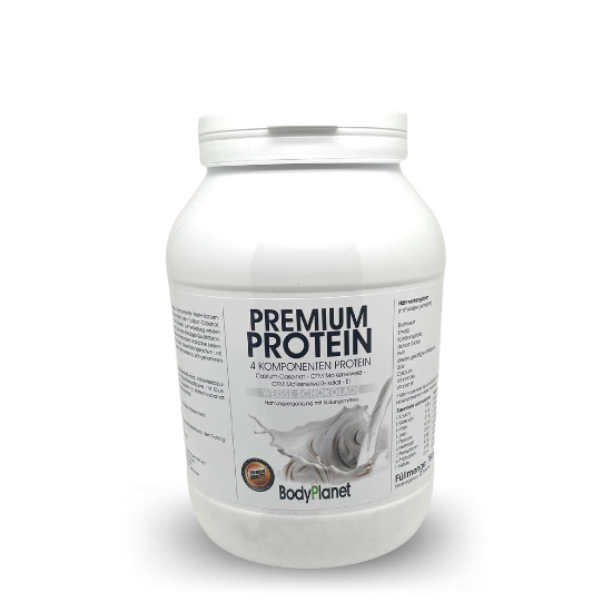 Weiße Verpackung von BodyPlanet Premium Protein, Geschmack Weiße Schokolade, Produktname und Label sichtbar.