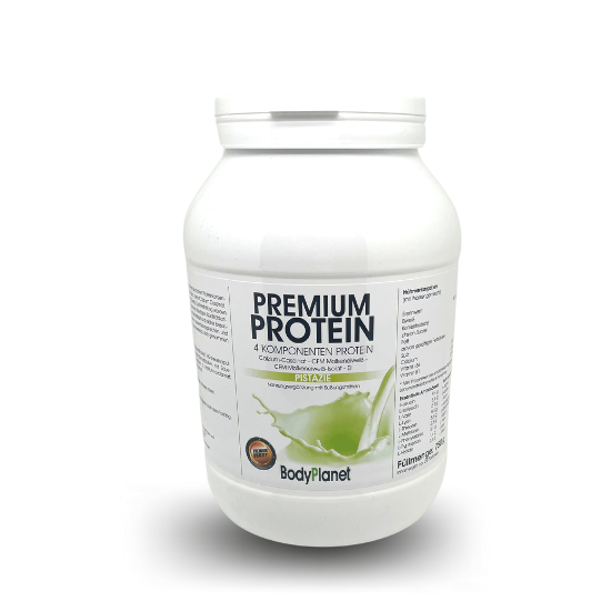 Weiße Verpackung von BodyPlanet Premium Protein, Geschmack Weiße Schokolade, 4-Komponenten-Protein, Label mit Nährwertan