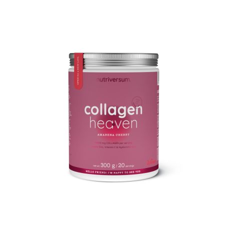 Weiße Dose Collagen Heaven mit lila Akzenten, Amarena-Geschmack, 300g, Produktname und Früchtebild sichtbar