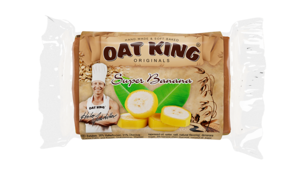 Oat King Riegel Verpackung, gelb mit Bananenmotiv, Produktname und Nährwertangaben sichtbar.