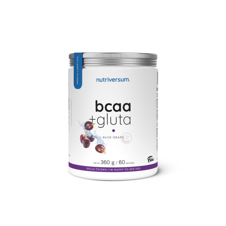 Schwarze Dose BCAA+Gluta mit blauem Label, 360g, Geschmacksrichtung Blue Grape, weißer Produktname sichtbar